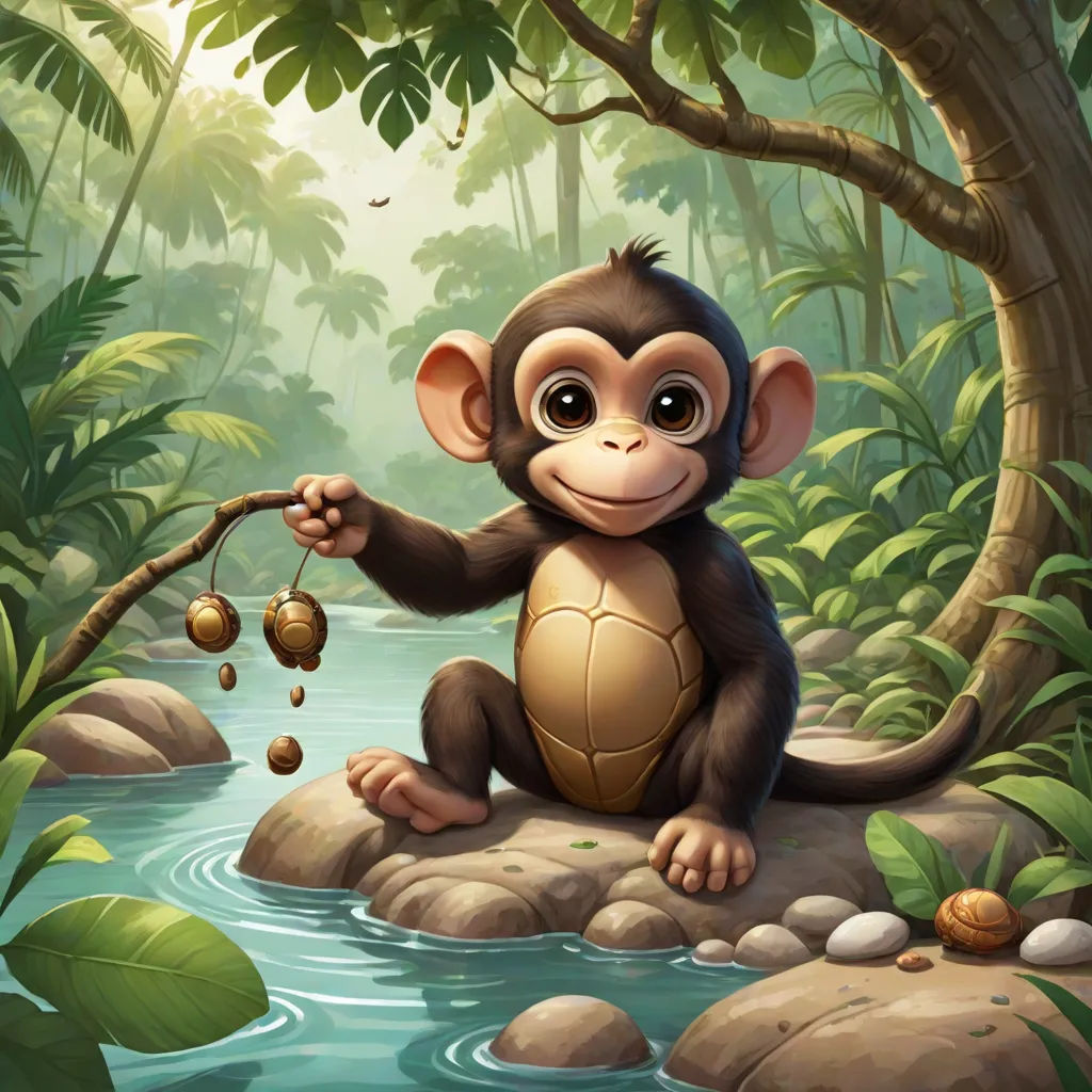 a monkey sitting on a rock in a jungle holding a branch with a nut in it's mouth, Chris LaBrooy, naturalism, a digital painting, highly detailed digital painting