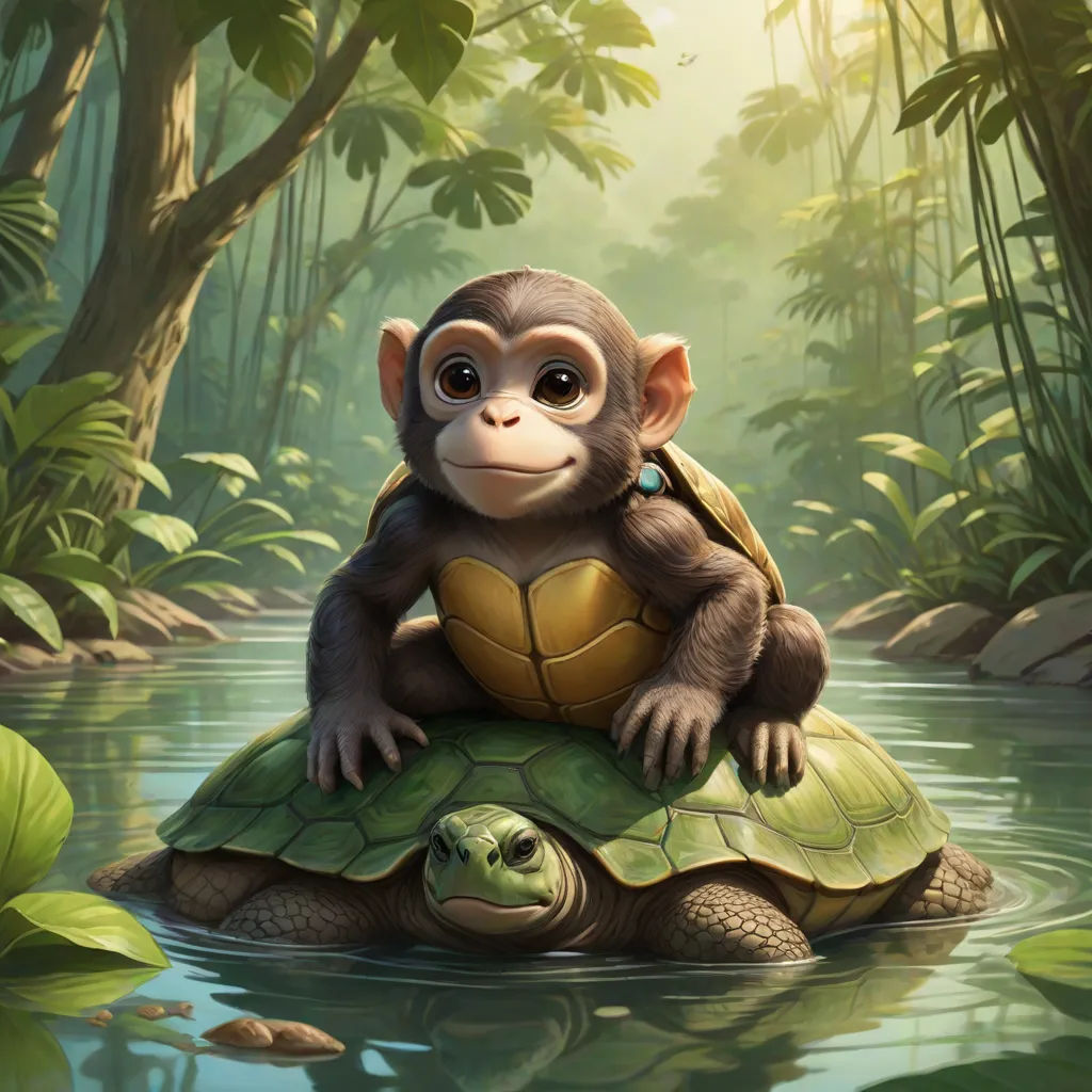 a monkey sitting on top of a turtle in a river with a turtle on its back and a turtle on its back, Chris LaBrooy, sots art, a digital painting, highly detailed digital painting