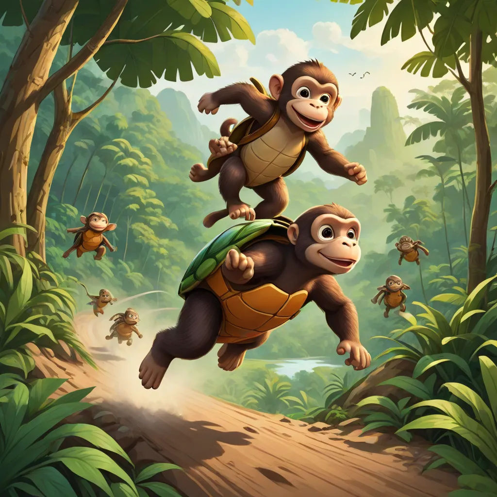 a monkey riding on top of a turtle in the jungle with other monkeys in the background and a river running through the jungle, Chris LaBrooy, sots art, concept art, official art