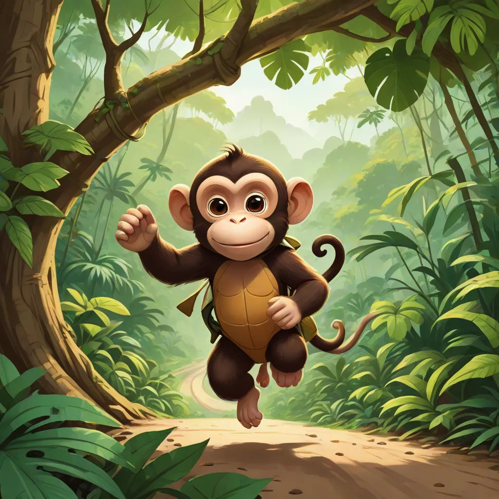 a monkey is running through the jungle with a turtle in its hand and a banana in its hand,, Diego Gisbert Llorens, sots art, a storybook illustration, jungle
