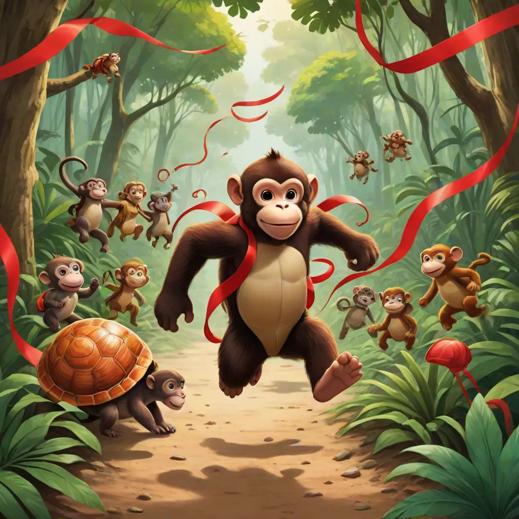 a monkey is running through a jungle with many monkeys around him and a turtle on the ground in front of him, Chris LaBrooy, sots art, a storybook illustration, official art