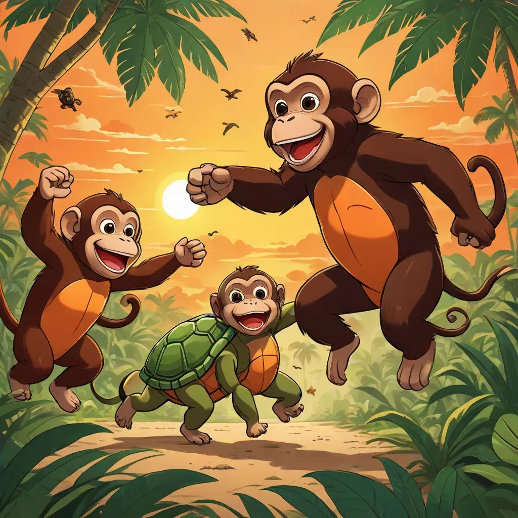 a group of monkeys playing with a turtle in the jungle at sunset with a sun setting behind them and a monkey on the ground, Alex Petruk APe, sots art, a storybook illustration, official art