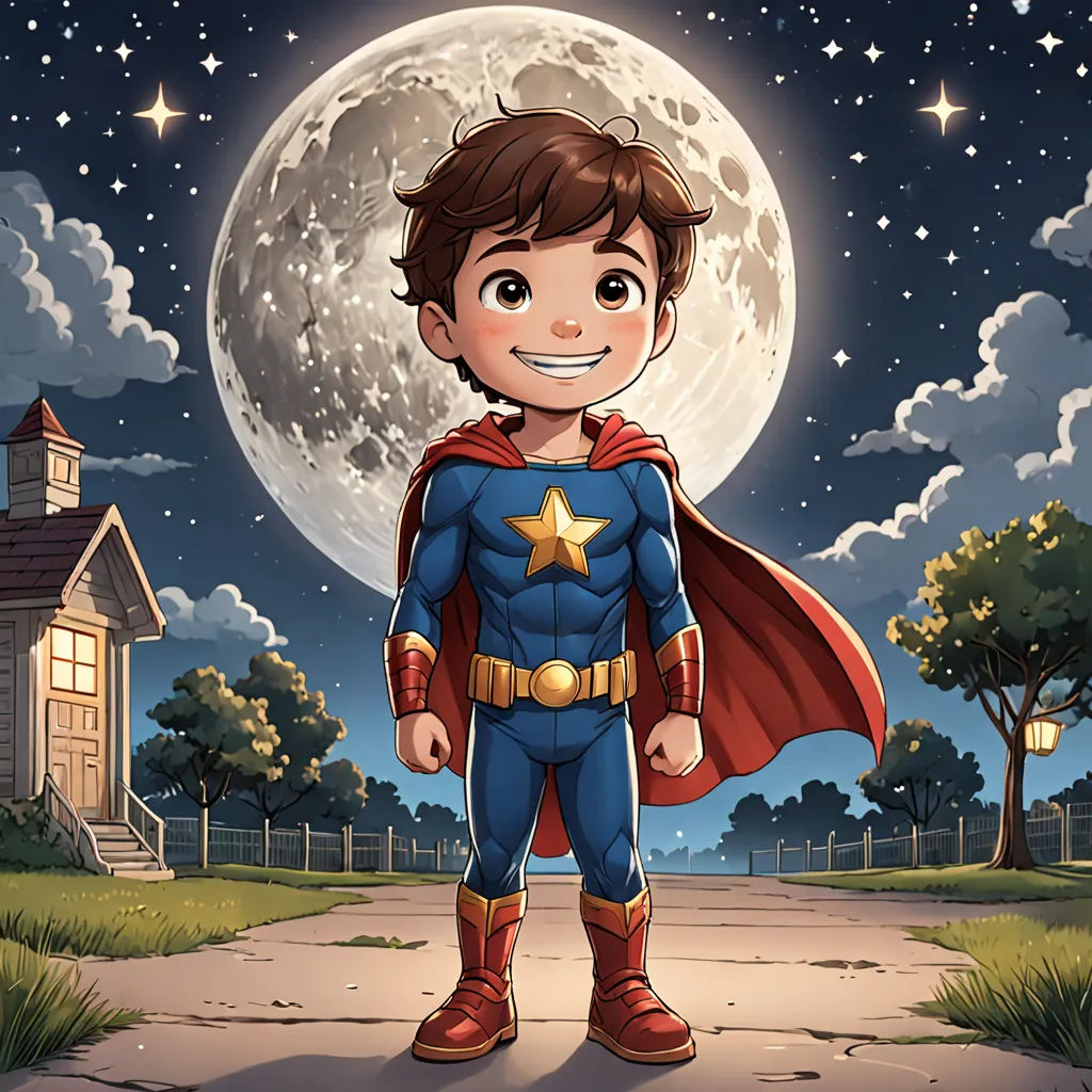 a cartoon boy dressed as a super hero standing in front of a full moon and stars sky with a house in the background, Diego Gisbert Llorens, space art, a comic book panel, comic cover art