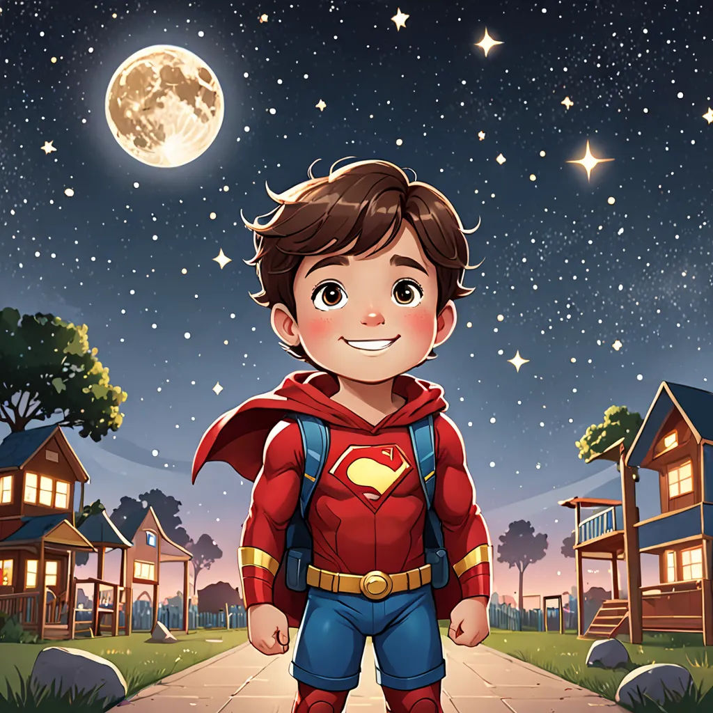 a cartoon boy dressed as a super hero standing on a sidewalk at night with a full moon in the background, Diego Gisbert Llorens, superflat, a storybook illustration, comic cover art