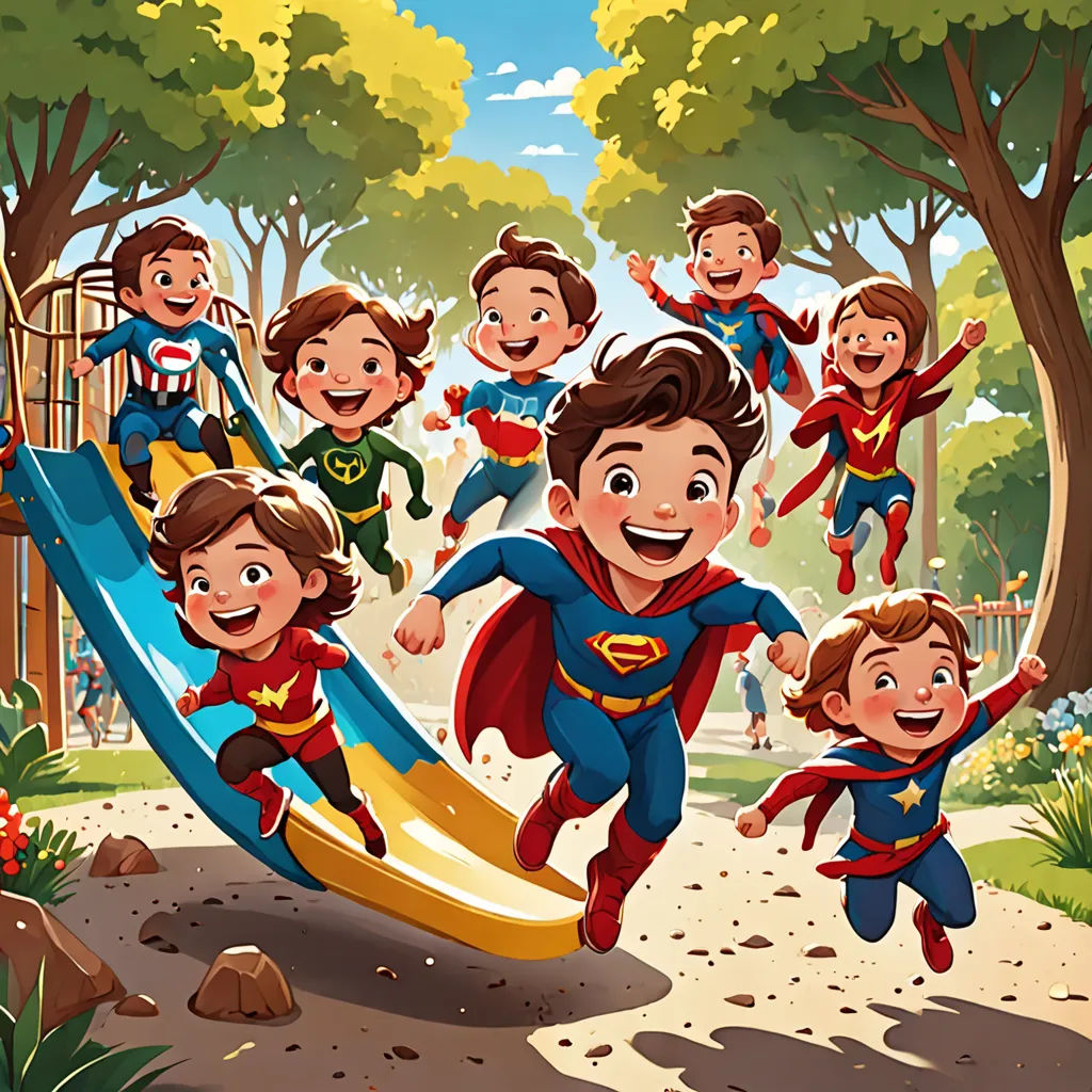 a group of kids playing in a park with supermans on a slide and a man in a superman suit, Diego Gisbert Llorens, lyco art, a storybook illustration, official art