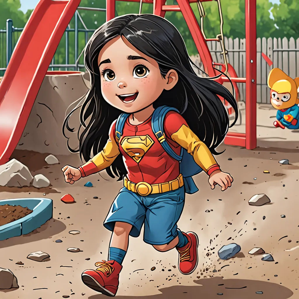 a cartoon girl running through a playground with a bear on the playground slide in the background and a bear on the playground, Everett Warner, lyco art, a comic book panel, comic cover art