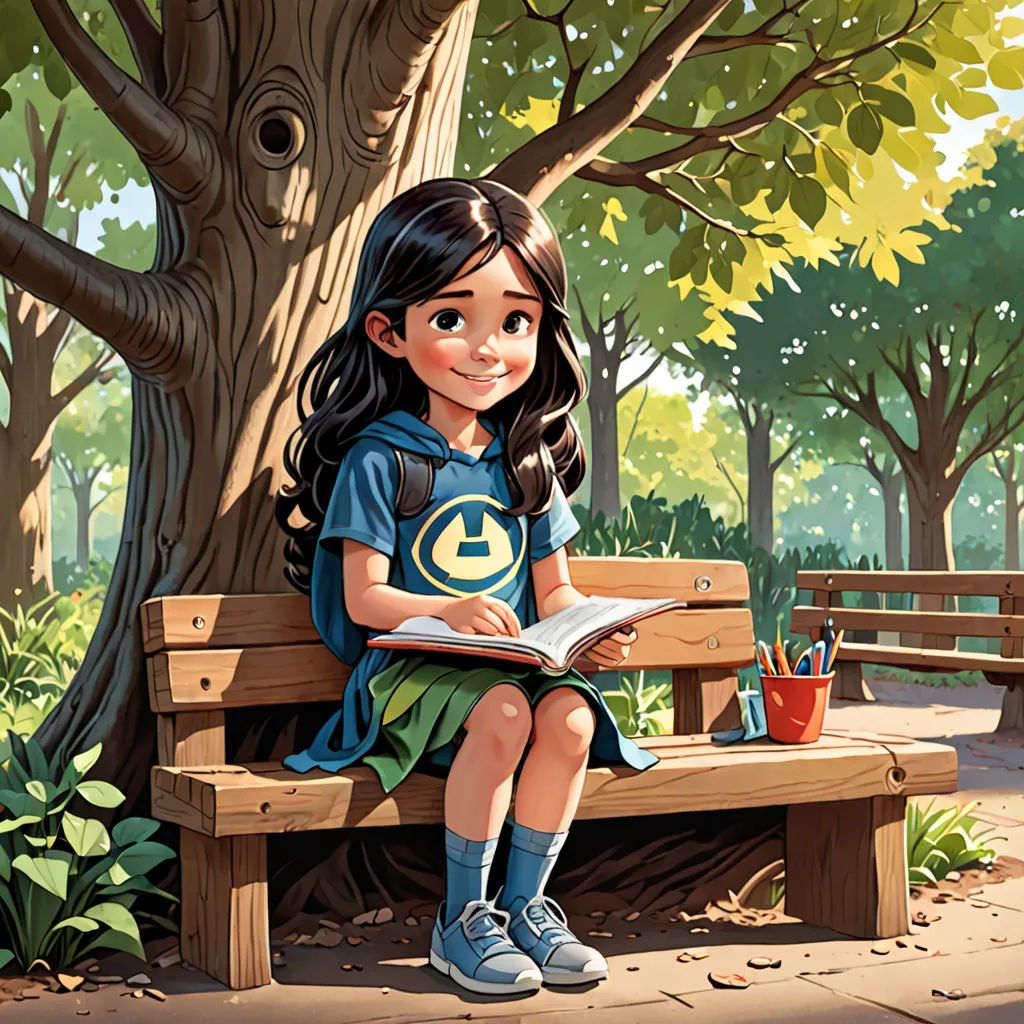 a painting of a girl sitting on a bench reading a book in a park with a tree in the background, Chris LaBrooy, lyco art, a storybook illustration, storybook illustration