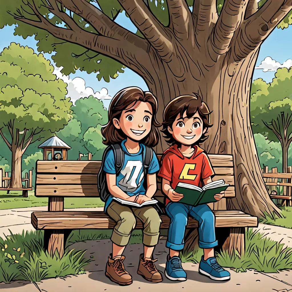 a boy and a girl sitting on a bench reading a book under a tree in a park with a bench and a tree, Diego Gisbert Llorens, underground comix, a storybook illustration, comic cover art