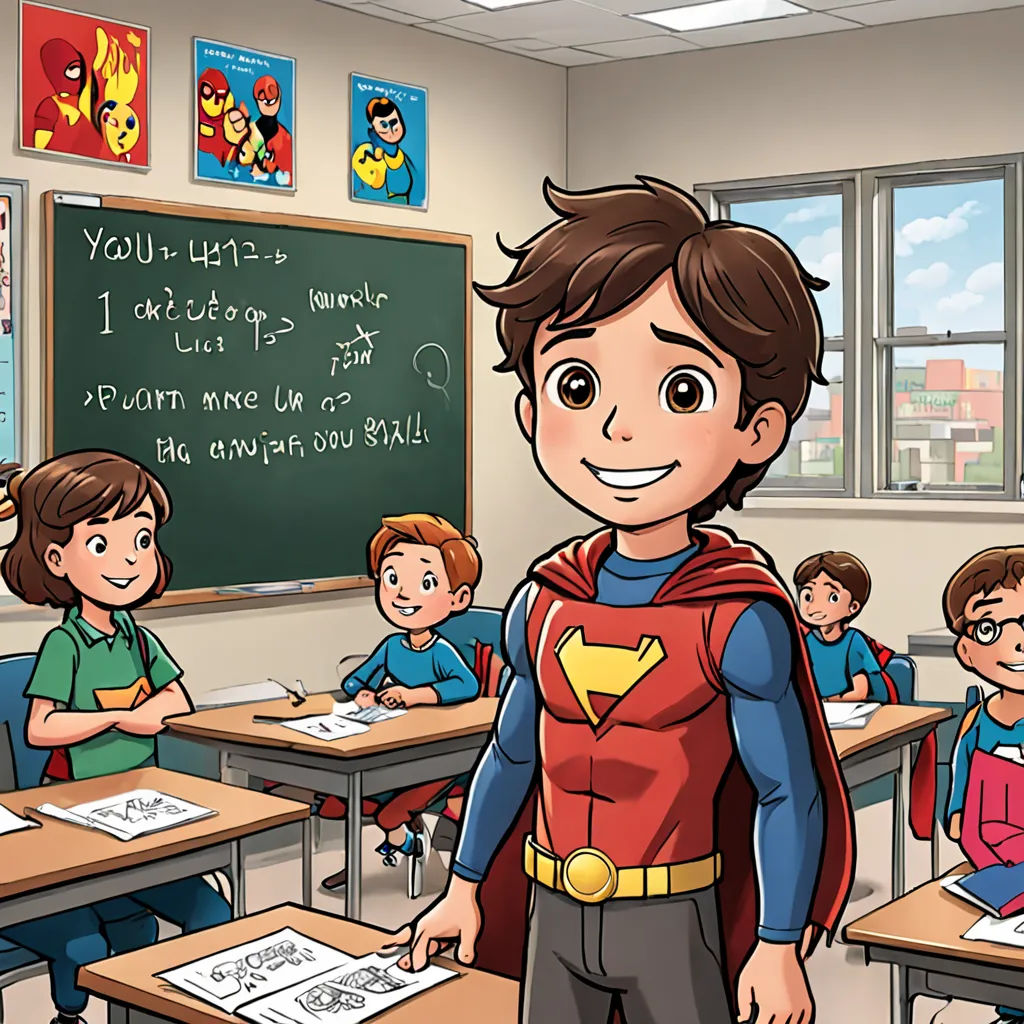 a cartoon of a boy in a superman costume in a classroom with other children in the background and a chalkboard with a message written on it, Asaf Hanuka, vancouver school, a comic book panel, comic cover art