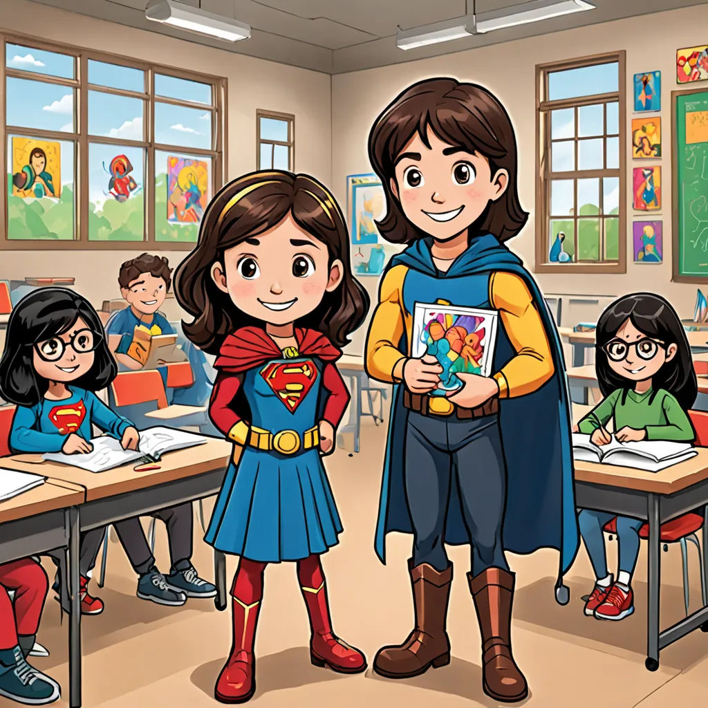 a cartoon of a girl and a boy in a classroom with a teacher and two other children sitting at desks, Diego Gisbert Llorens, lyco art, a comic book panel, official art