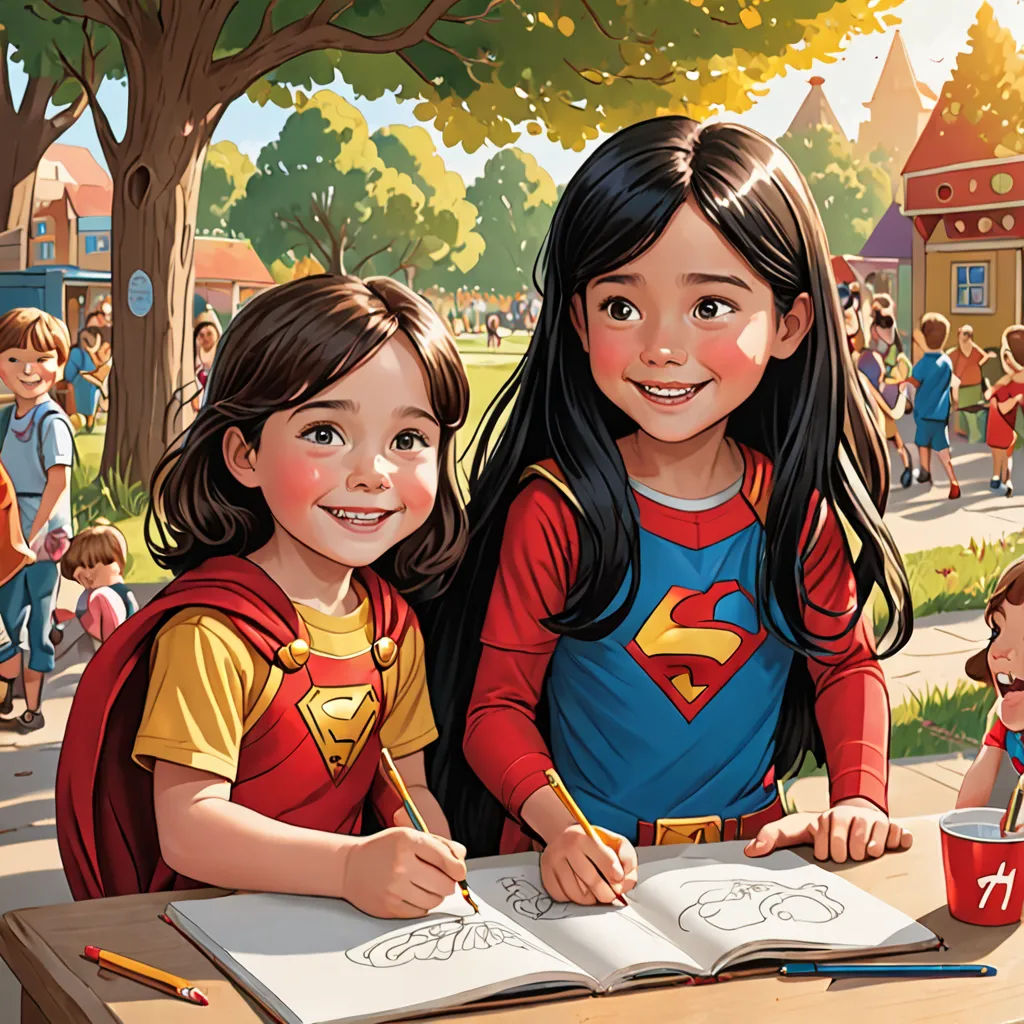 two children are sitting at a table with a book and pencils in front of them, and a group of people in the background, Artgerm, american scene painting, a storybook illustration, rossdraws global illumination