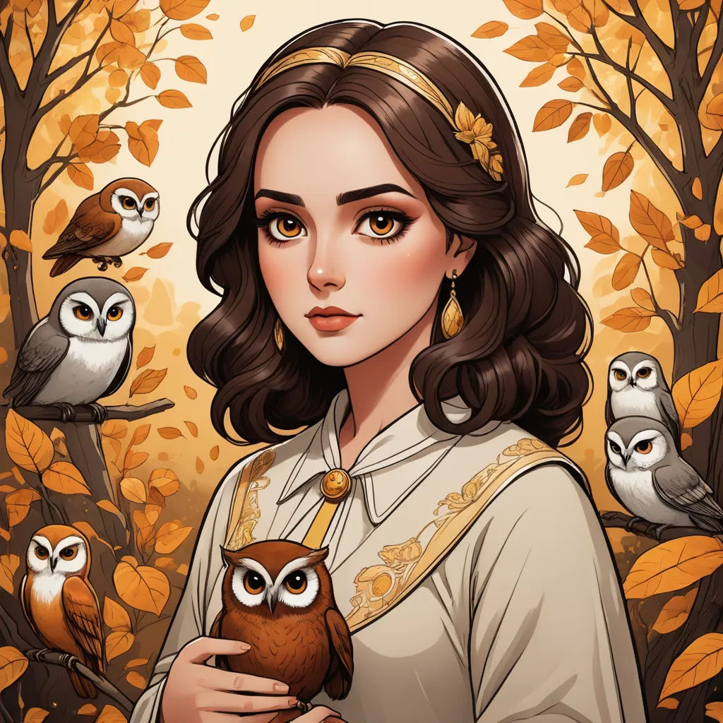 a woman holding an owl in front of a forest with owls on it's shoulders and a yellow background, fantasy art, a detailed painting, Charlie Bowater, beautiful detailed