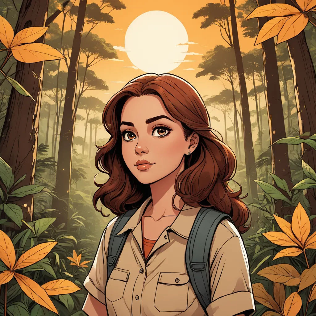 a woman with a backpack standing in a forest with leaves and a sun in the background, with a background of trees and leaves, sots art, a character portrait, Clarice Beckett, comic cover art
