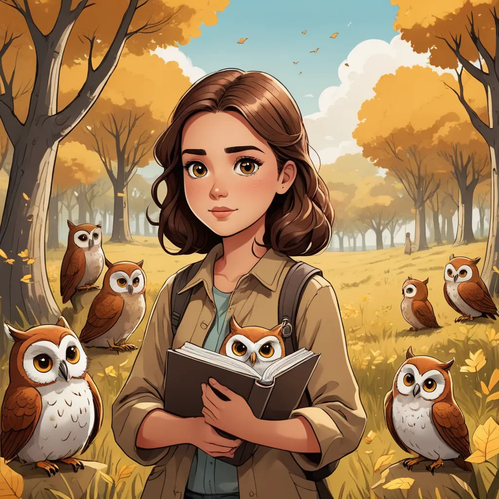a girl is standing in a field with owls and reading a book in front of her is a forest full of owls, fantasy art, a character portrait, Clarice Beckett, game art