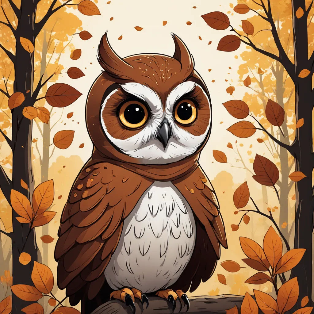 a brown owl sitting on a branch in a forest with leaves on the ground and a yellow background with orange leaves, fantasy art, a storybook illustration, Cyril Rolando, trending on art station