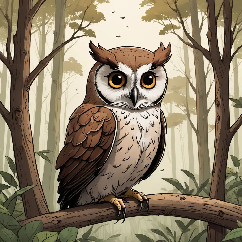 a cartoon owl sitting on a branch in a forest with trees and leaves around it, looking at the camera, fantasy art, a storybook illustration, Dan Mumford, game art