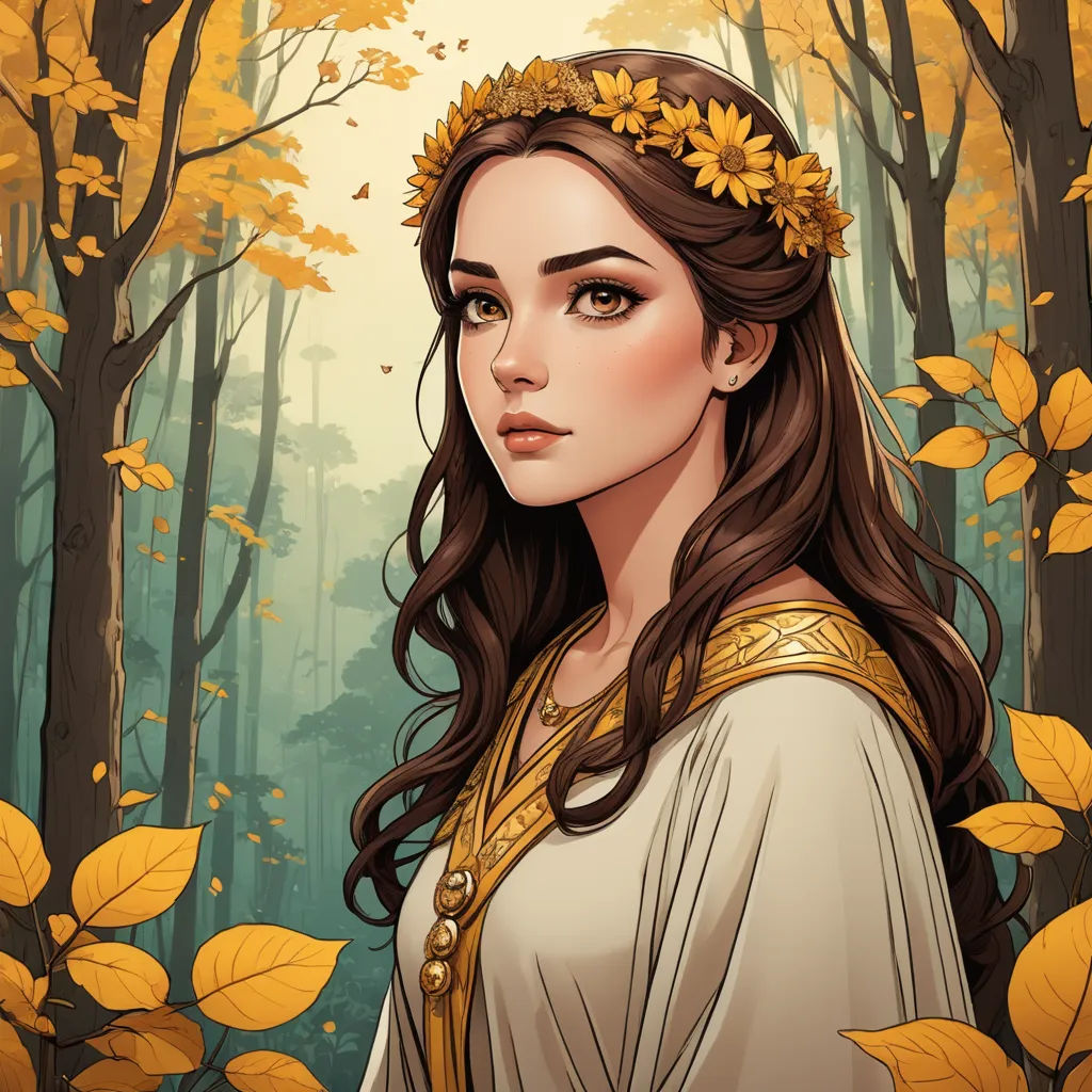 a woman with long hair and a wreath on her head standing in a forest with yellow leaves on her head, fantasy art, a character portrait, Charlie Bowater, trending on art station
