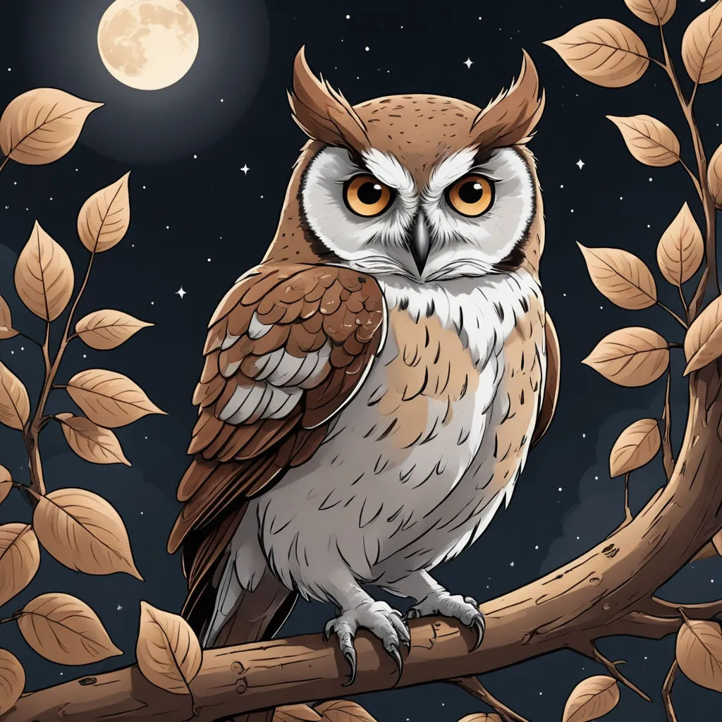 a cartoon owl sitting on a branch with leaves and a full moon in the background with a dark sky, fantasy art, a storybook illustration, Dan Mumford, detailed illustration