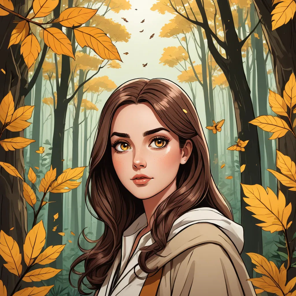 a woman standing in a forest with leaves on the ground and a yellow background with a yellow and orange tree, fantasy art, a character portrait, Clarice Beckett, character portrait