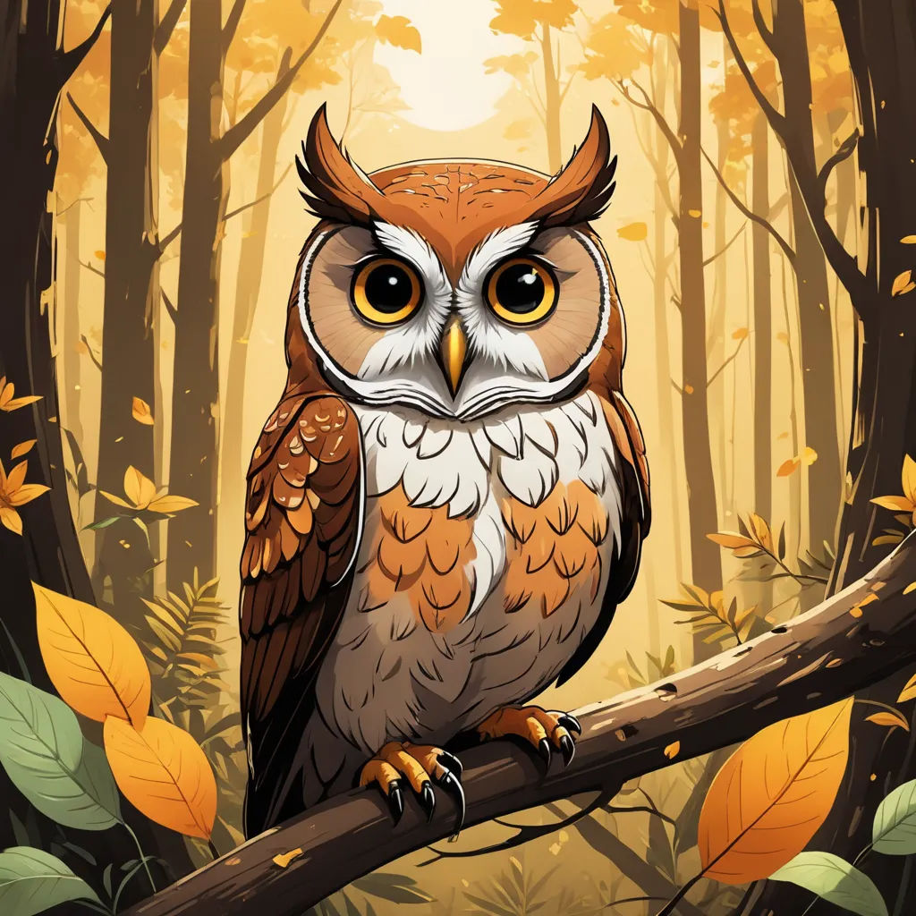a cartoon owl sitting on a branch in a forest with leaves and trees in the background, with a yellow light coming from behind, fantasy art, a storybook illustration, Dan Mumford, trending on art station