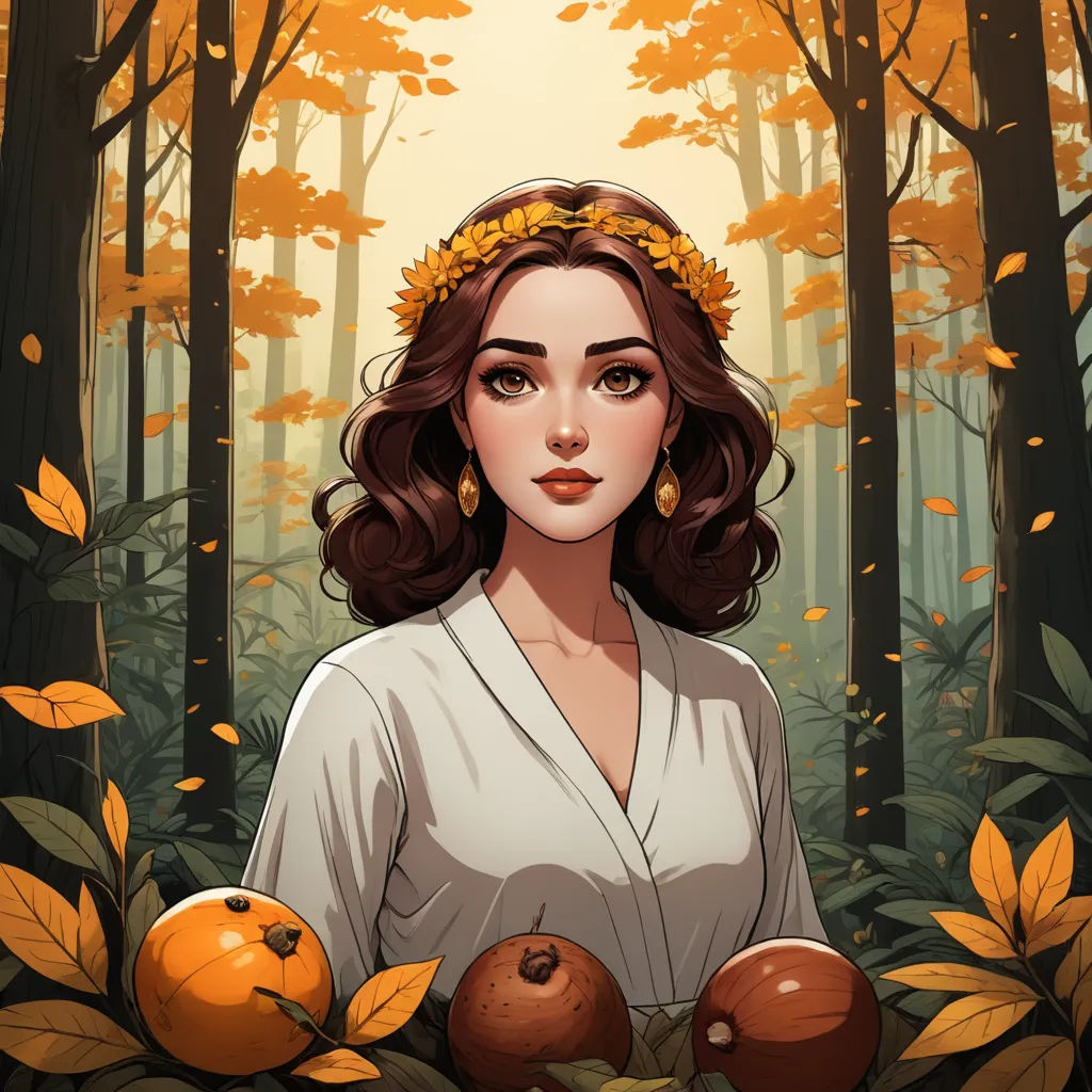 a woman with a wreath of leaves on her head standing in a forest with oranges and apples in her hands, fantasy art, a character portrait, Charlie Bowater, autumn