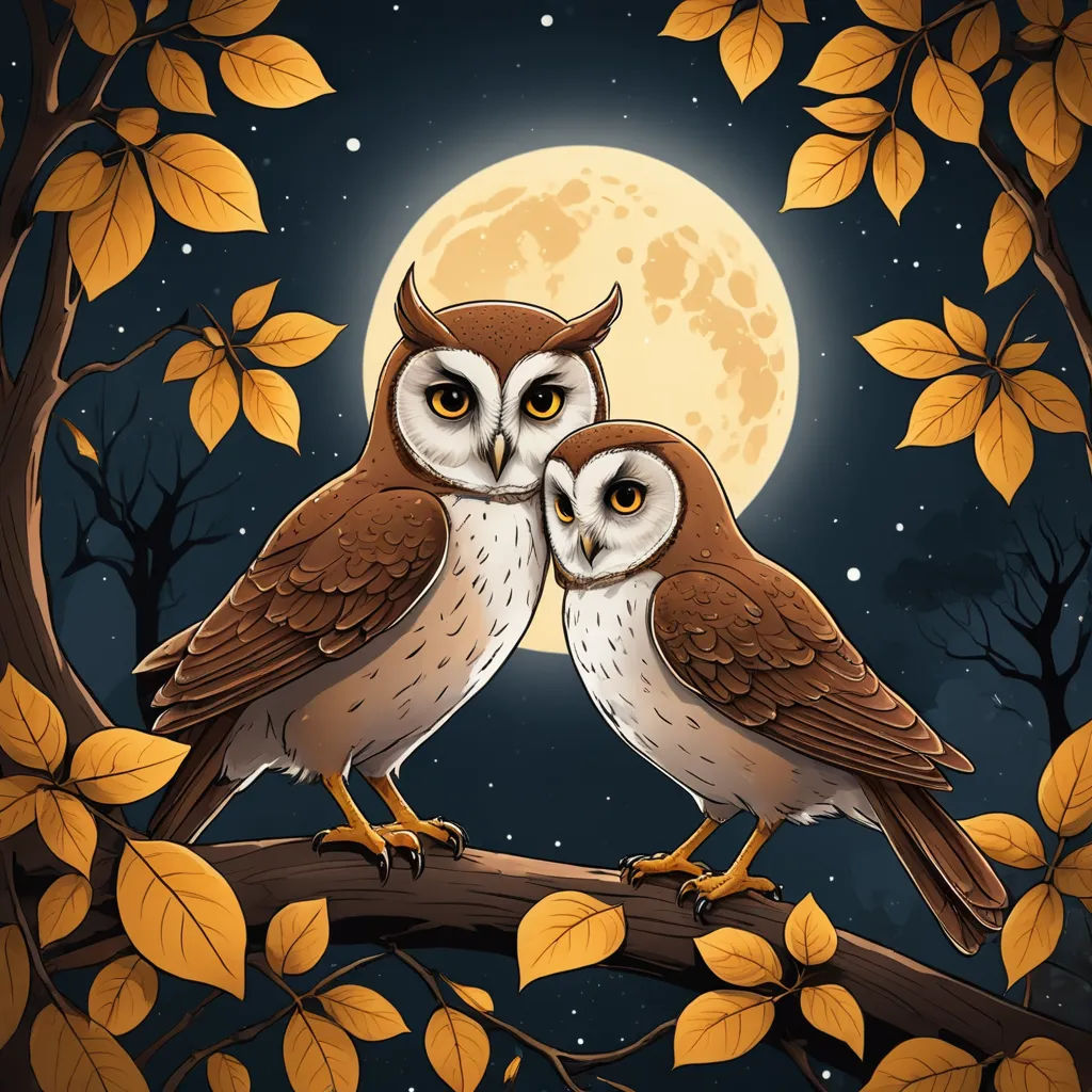 two owls sitting on a branch with a full moon in the background and leaves around them, with a full moon in the background, fantasy art, a storybook illustration, Dan Mumford, detailed illustration