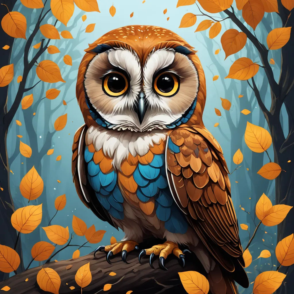 a painting of an owl sitting on a branch in a forest with leaves on the ground and a blue sky behind it, fantasy art, a digital painting, Dan Mumford, highly detailed digital painting