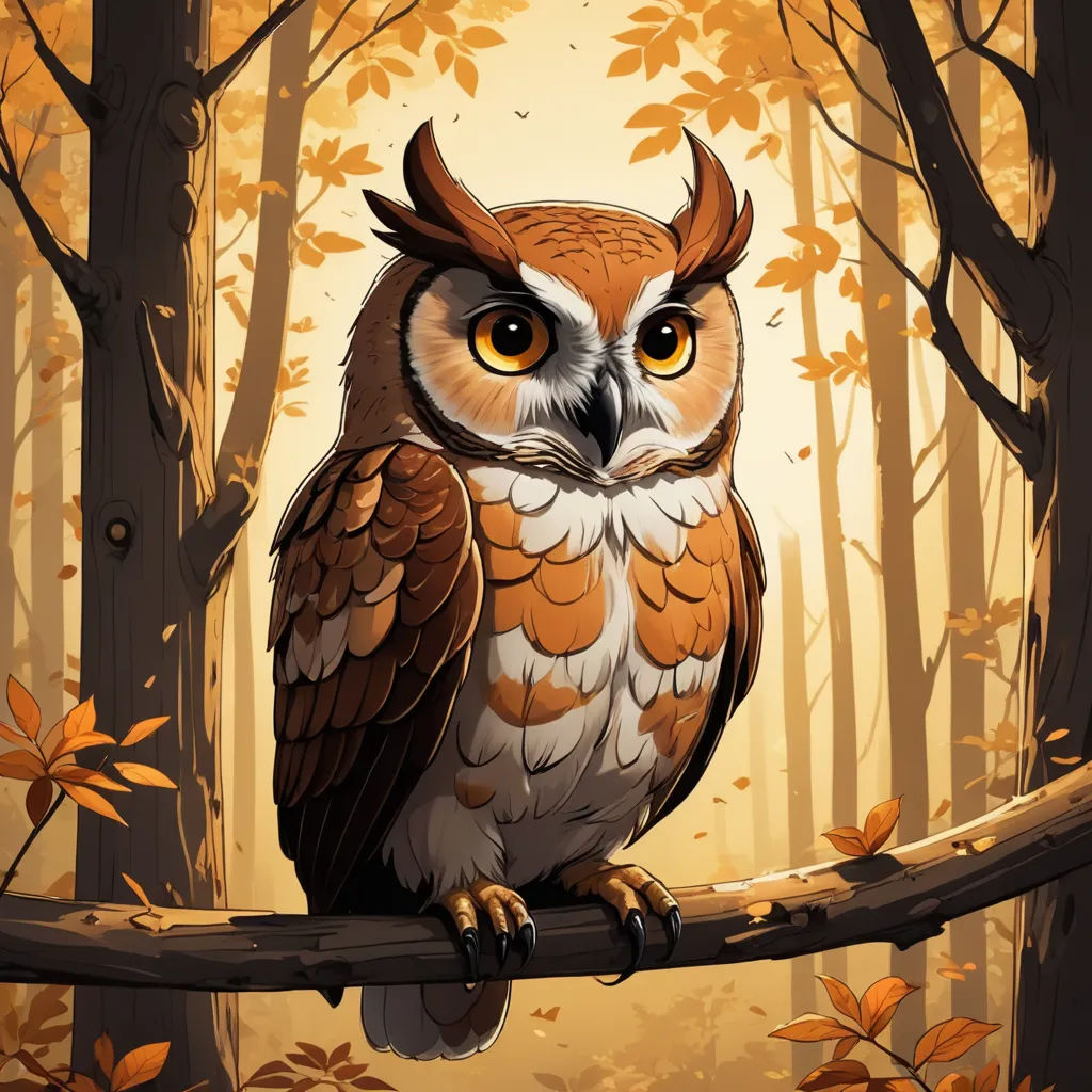 a painting of an owl sitting on a branch in a forest with leaves and trees around it, with a yellow background, fantasy art, a digital painting, Cyril Rolando, highly detailed digital painting
