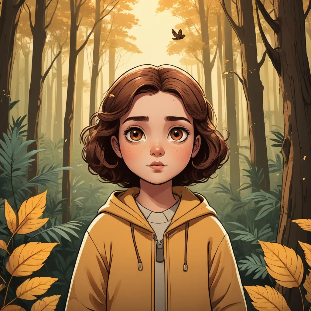 a girl in a yellow jacket standing in a forest with leaves and a bird flying overhead in the background, serial art, a character portrait, Clarice Beckett, key art