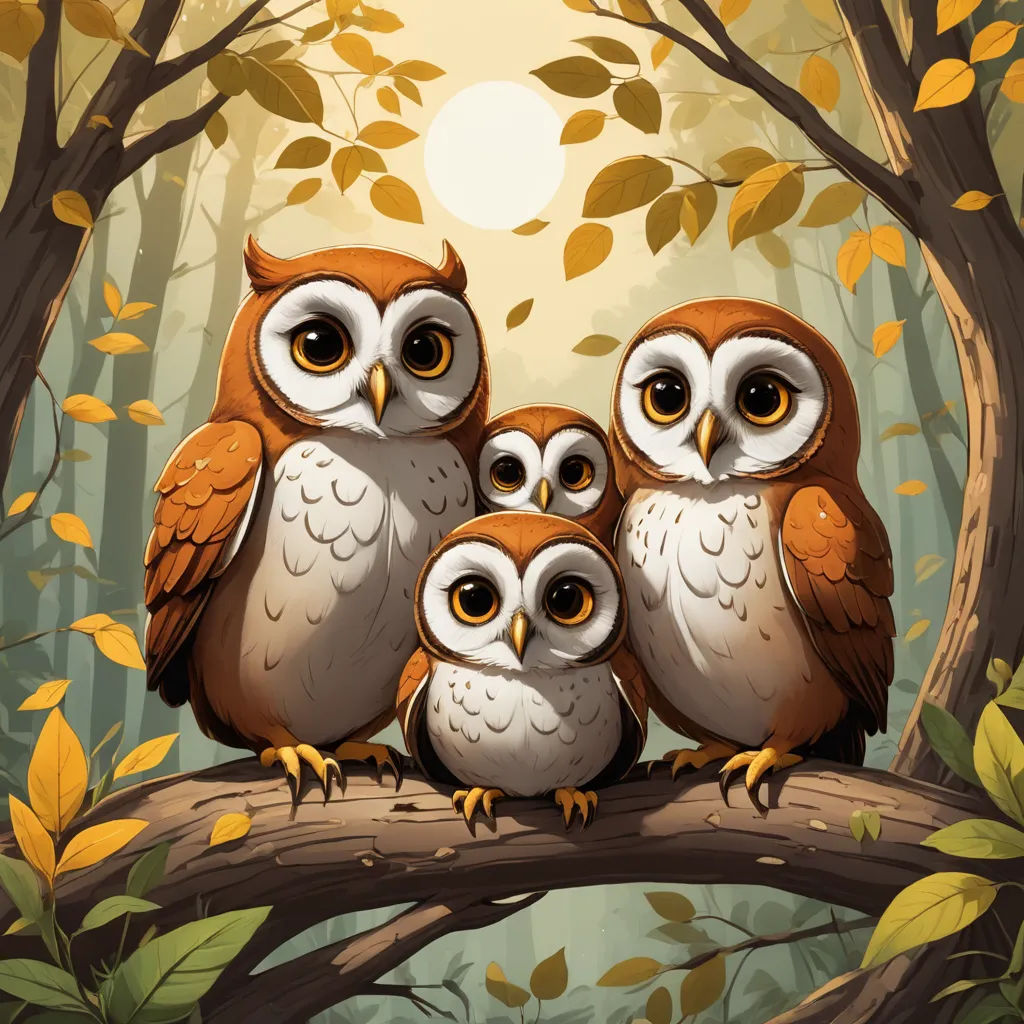 three owls sitting on a branch in a forest with leaves and a sun in the background, with a background of trees and leaves, fantasy art, a storybook illustration, Anato Finnstark, game art