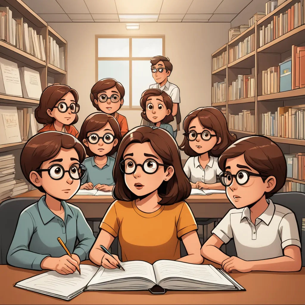 a group of people sitting at a table in a library with a book open and a pencil in their hand, academic art, a comic book panel, Art & Language, official art
