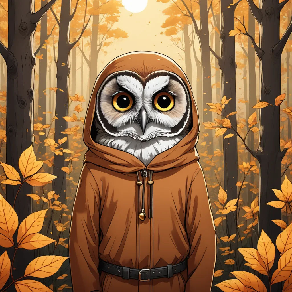 an owl in a hooded jacket in a forest with leaves and trees with a sun in the background and a full moon in the sky, fantasy art, a character portrait, Cyril Rolando, trending on art station