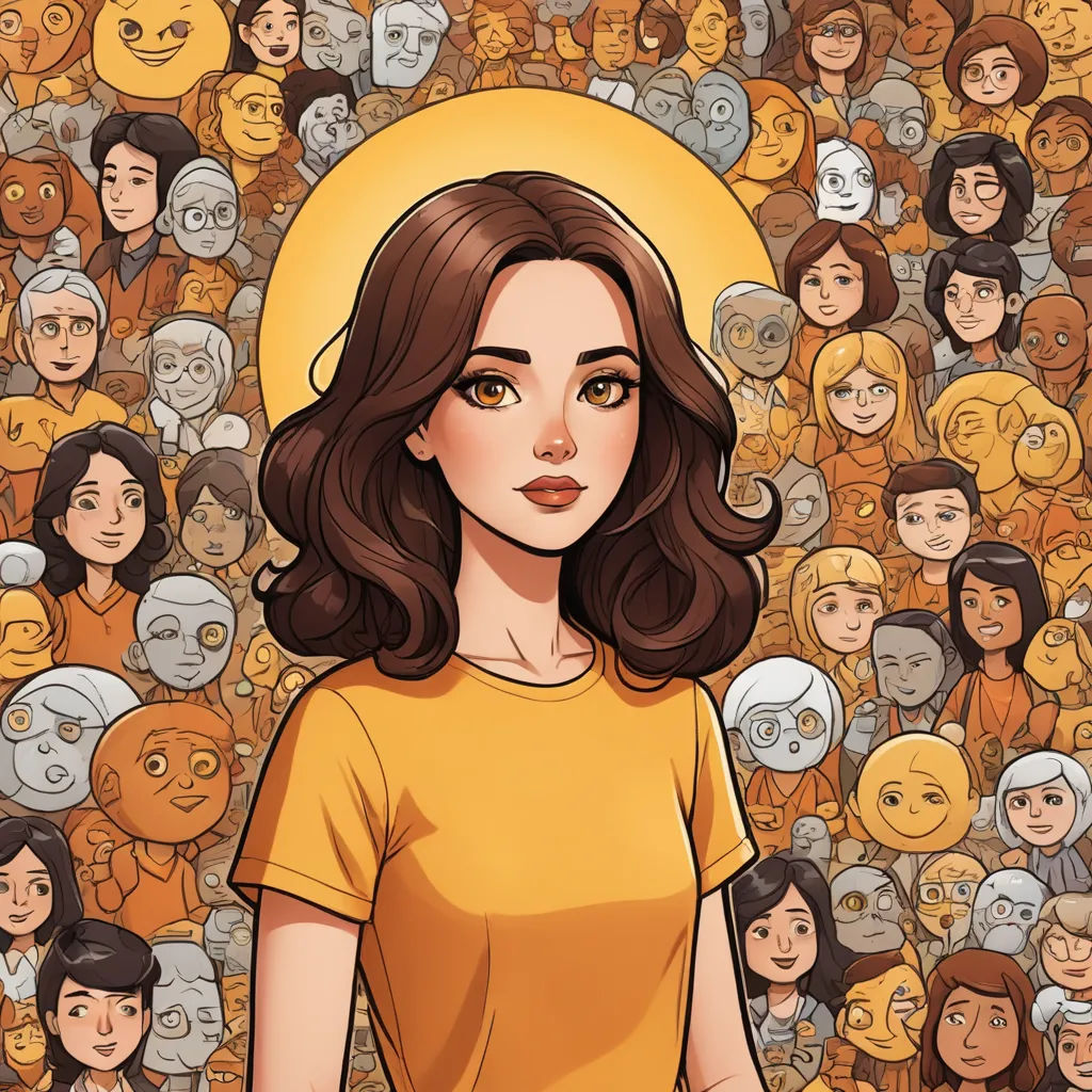 a woman standing in front of a crowd of people with a yellow halo above her head and a yellow shirt on, symbolism, a character portrait, Audrey Kawasaki, comic cover art