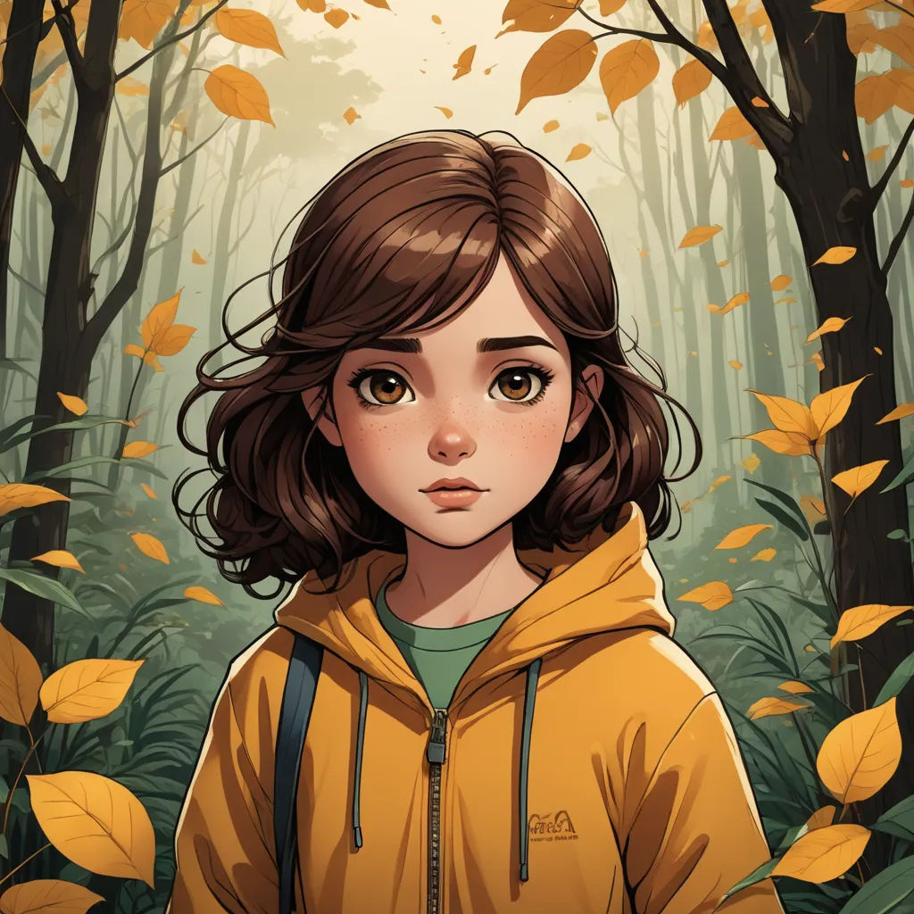 a girl in a yellow jacket standing in a forest with leaves on the ground and trees in the background, serial art, a character portrait, Cliff Childs, comic cover art