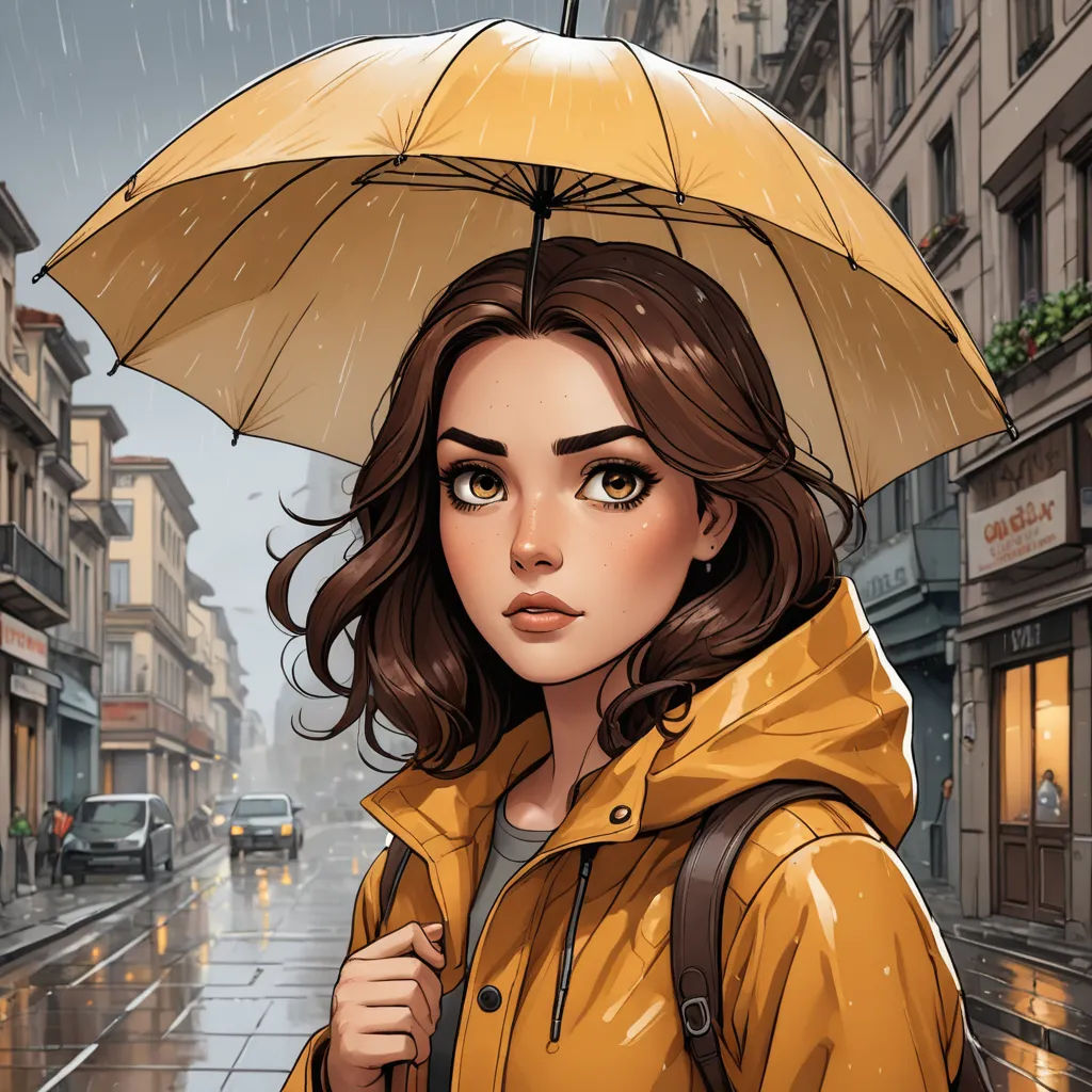 a woman in a yellow raincoat holding an umbrella in the rain on a city street in the rain, fantasy art, a comic book panel, Cyril Rolando, trending on art station