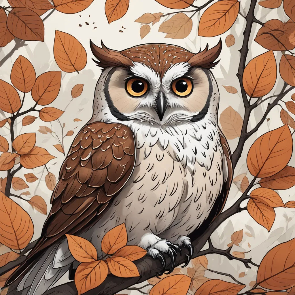 a painting of an owl sitting on a branch with leaves around it and a background of leaves and branches, fantasy art, a digital painting, Dan Mumford, highly detailed digital painting