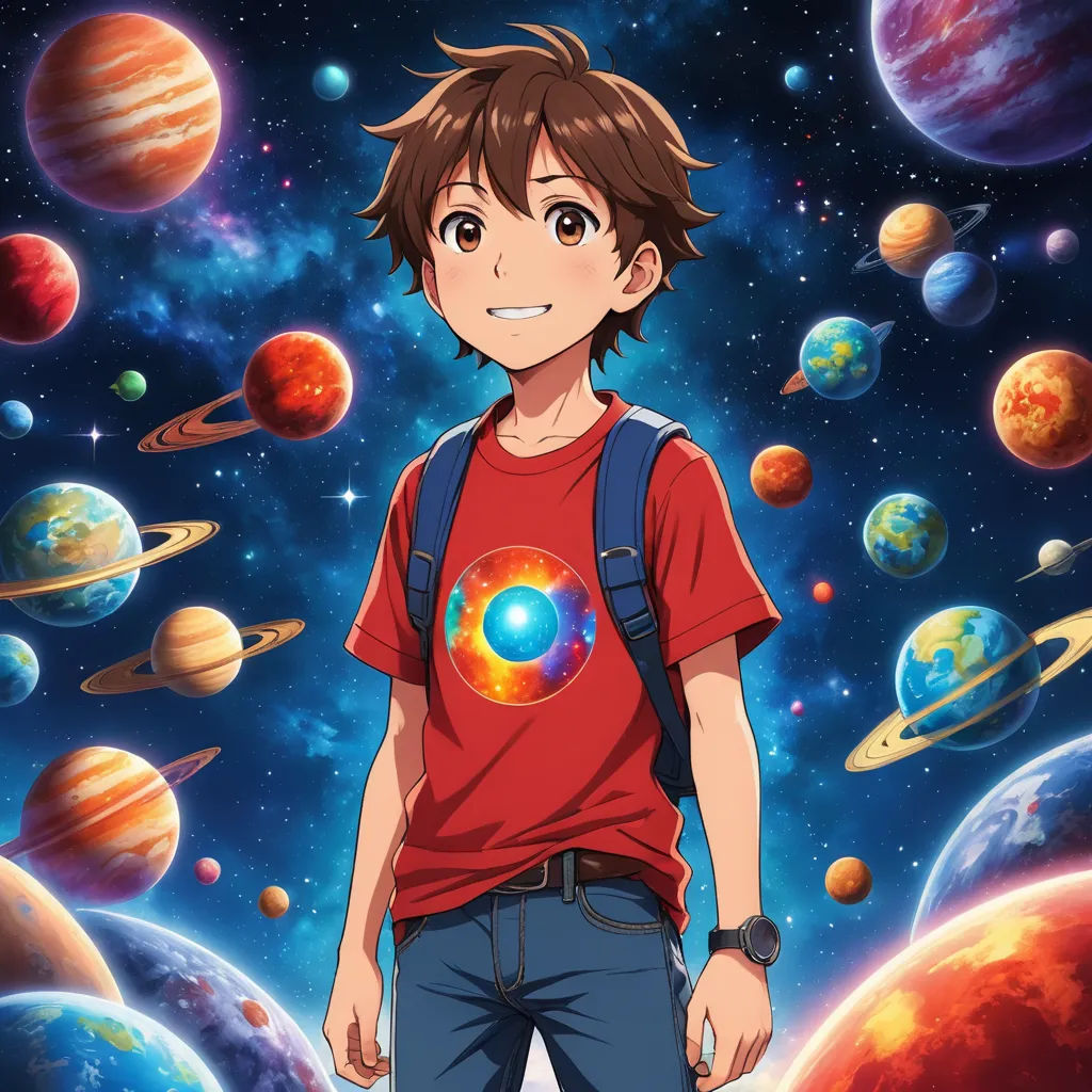 a boy in a red shirt standing in front of a space background with planets and stars on it and a smiling face, space art, poster art, Ai-Mitsu, anime key visual