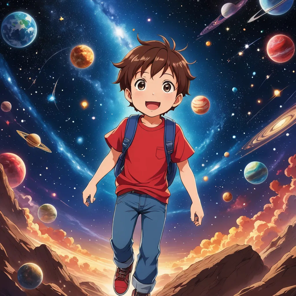 a boy in a red shirt and blue jeans is walking through the space with planets and stars in the background, space art, poster art, Eizan Kikukawa, anime key visual
