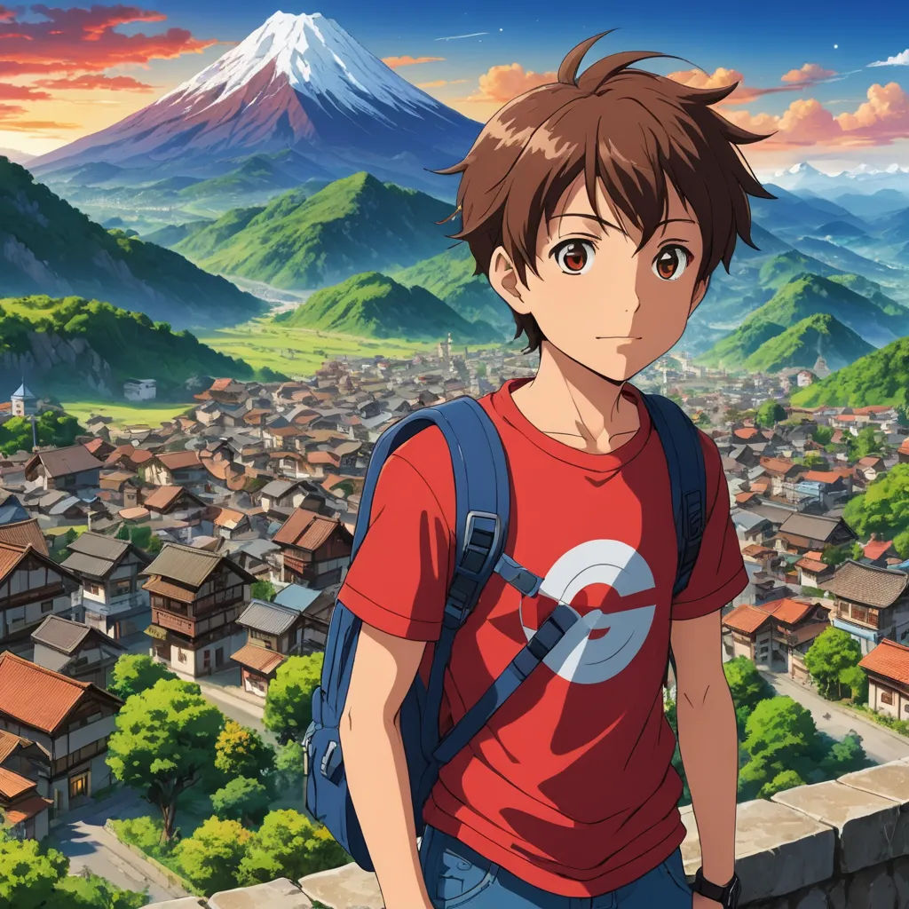 a man with a backpack standing in front of a mountain and a cityscape in the background with a mountain range in the background, rayonism, a detailed matte painting, Adam Manyoki, official art