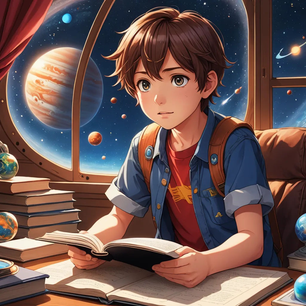 a boy sitting at a desk reading a book in front of a window with planets in the background and a window with a planet view, space art, concept art, Cedric Seaut (Keos Masons), official art