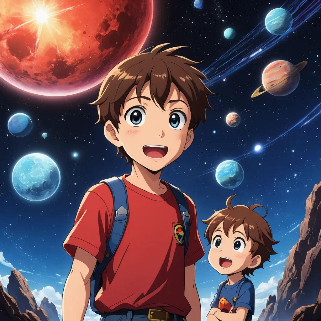 a boy and a boy are standing in front of a planet with a red star in the sky and a red object in the background, space art, poster art, Eizan Kikukawa, anime key visual