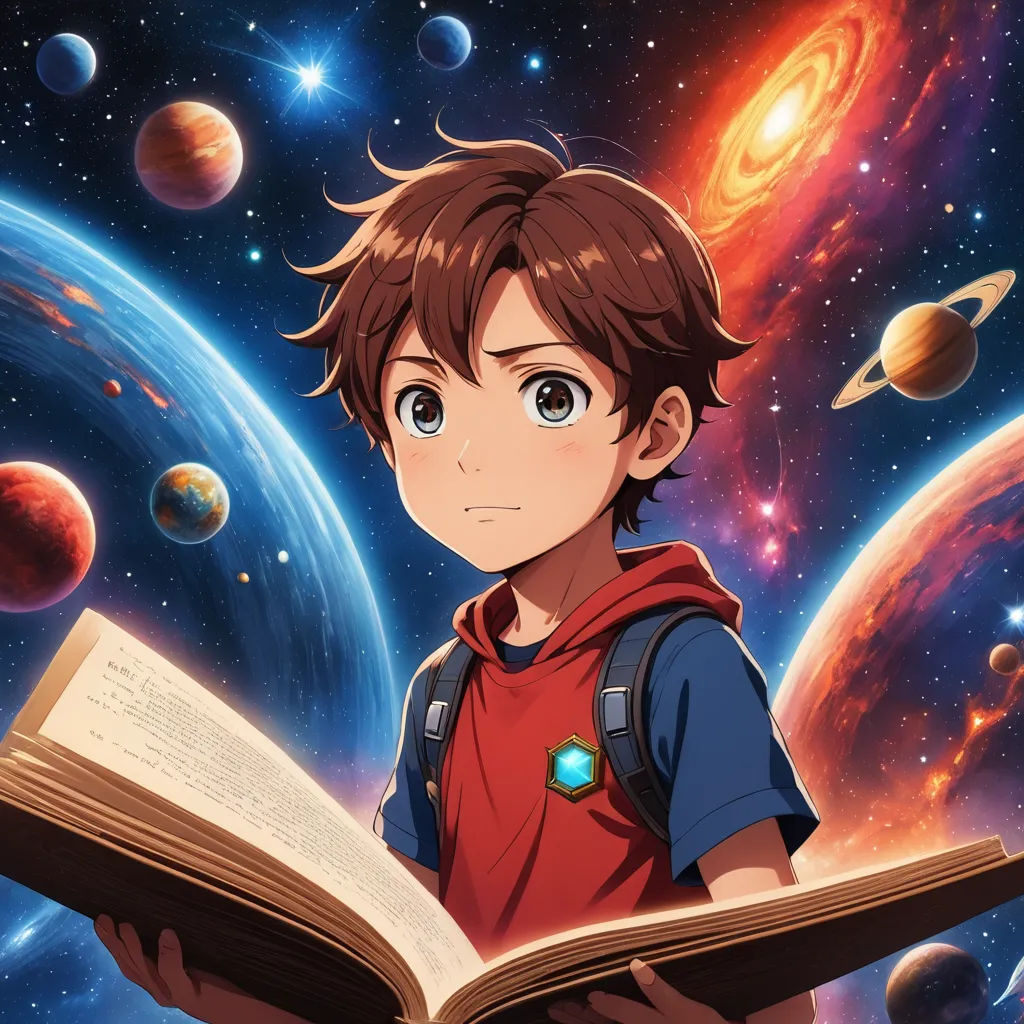 a boy reading a book in front of a space scene with planets and stars in the background, with a red shirt and blue jeans, space art, poster art, Adam Manyoki, anime key visual