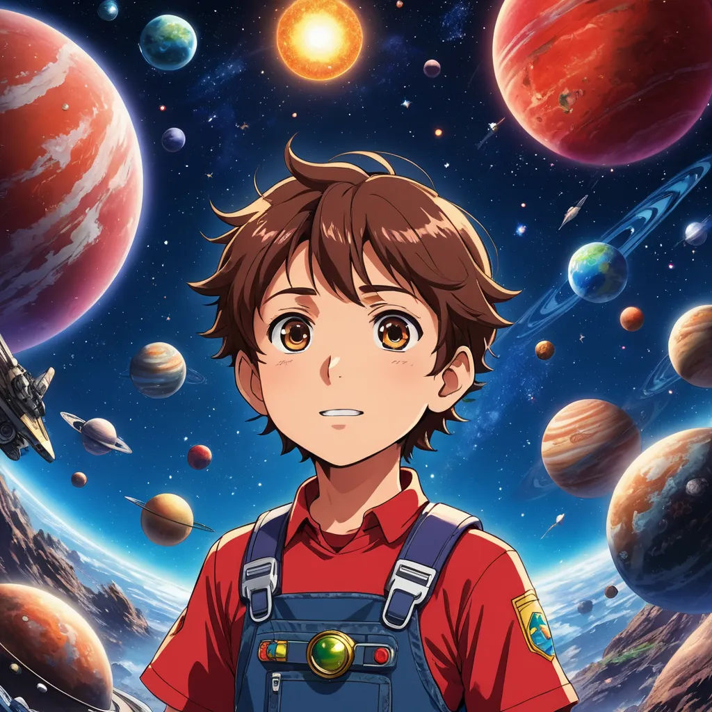 a boy in a red shirt and blue overalls standing in front of planets and stars with a red shirt on, space art, poster art, Adam Manyoki, anime key visual