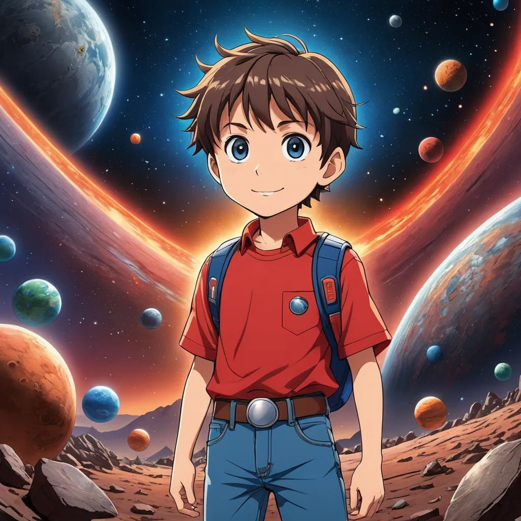 a boy in a red shirt and blue jeans standing in front of a planet with planets in the background, space art, concept art, Eizan Kikukawa, anime key visual
