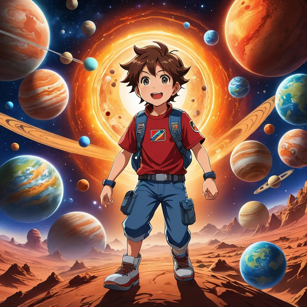 a boy in a red shirt and blue shorts standing in front of planets and a sun with a red shirt on, space art, concept art, Adam Manyoki, anime key visual
