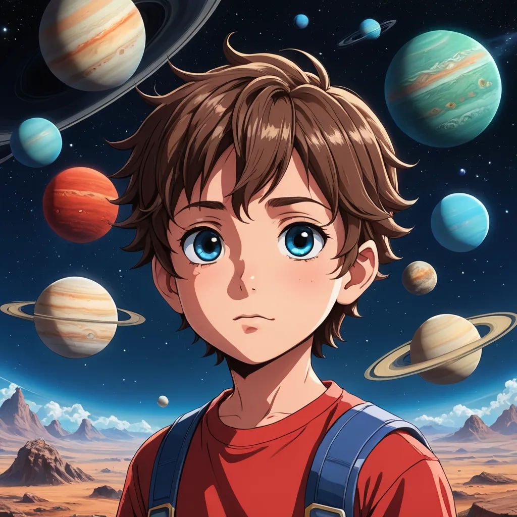 a boy with a backpack looking at the planets in the sky with a blue eye and a red shirt, space art, a character portrait, Adam Manyoki, anime key visual