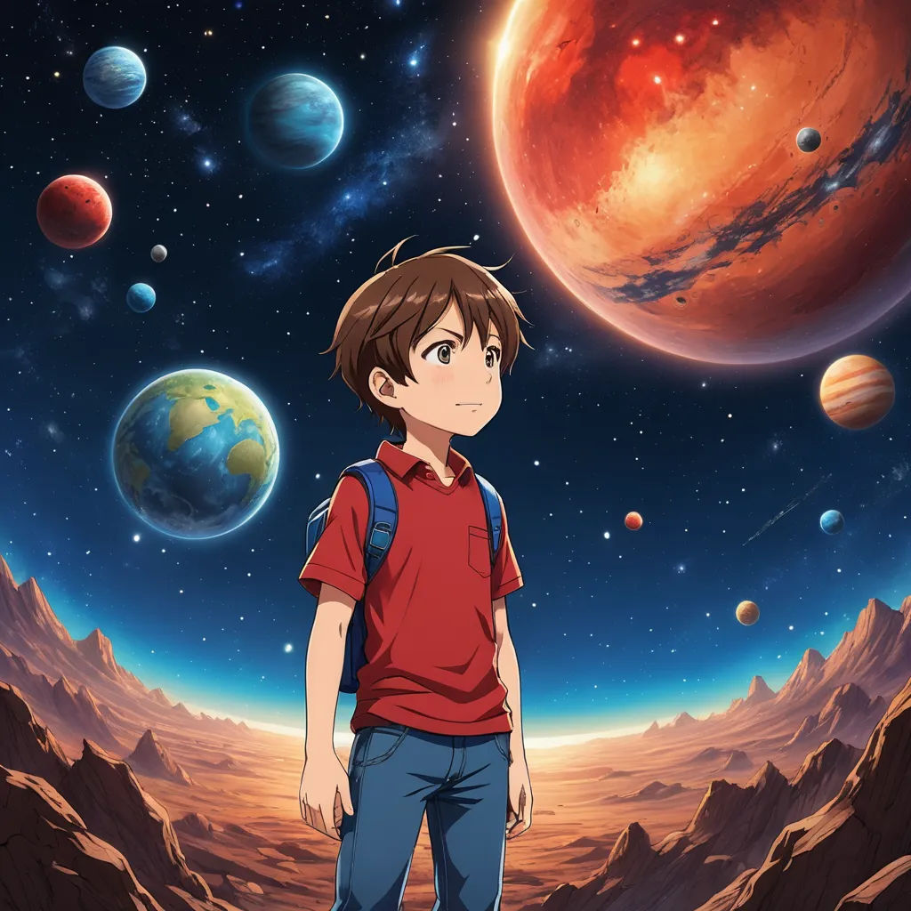 a boy standing in front of a planet with planets in the background and a red shirt on his shirt, space art, poster art, Eizan Kikukawa, anime key visual