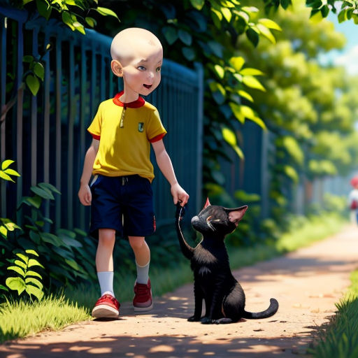 a young boy walking a dog down a sidewalk next to a fence and a black dog on a leash