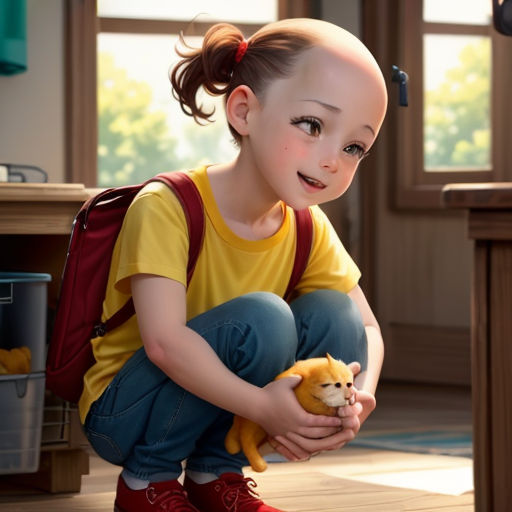 a young girl holding a stuffed animal in a room with a table and a window in the background,