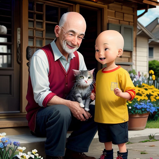 a man and a boy are sitting on a porch with a cat and a cat toy in front of them